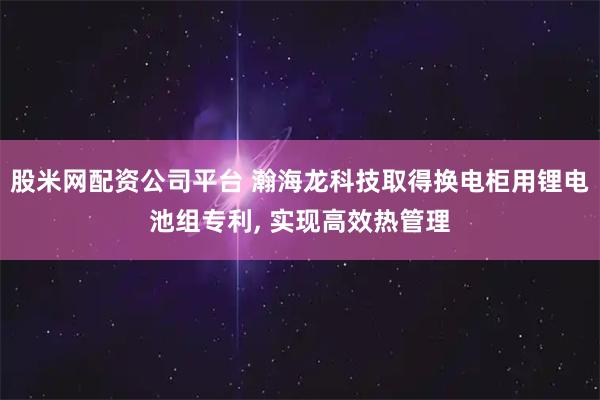 股米网配资公司平台 瀚海龙科技取得换电柜用锂电池组专利, 实现高效热管理